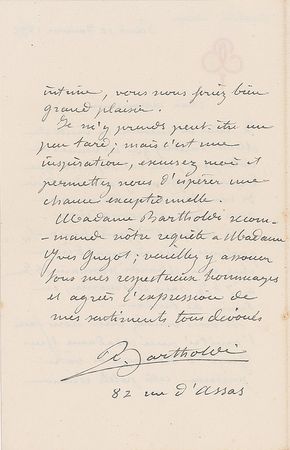 Lot #385 Frederic-Auguste Bartholdi Handwritten Letter Signed - Image 2