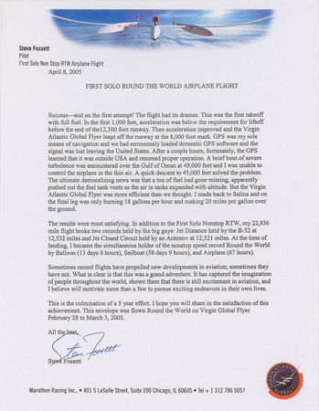 Lot #8005 Steve Fossett Signed Souvenir Typescript