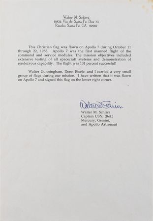 Lot #8145  Apollo 7 Flown Flag Signed by Wally Schirra - Image 2
