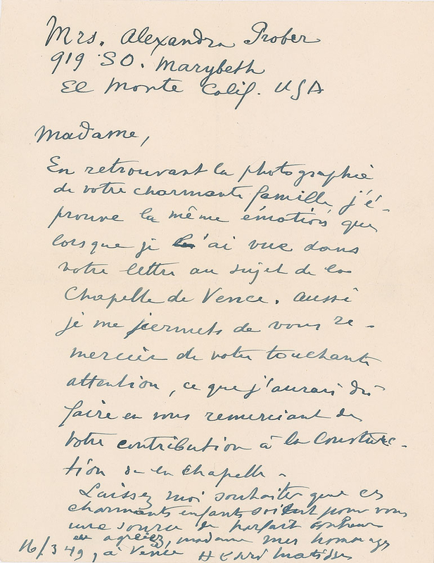 Lot 634 Henri Matisse: Matisse thanks a patron of his Vence Chapel