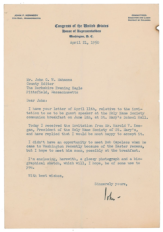 Lot 69 John F. Kennedy: Congressman Kennedy plans to speak at the 