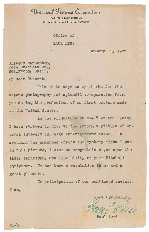 Lot 864 Paul Leni: Rare letter to his cinematographer: 