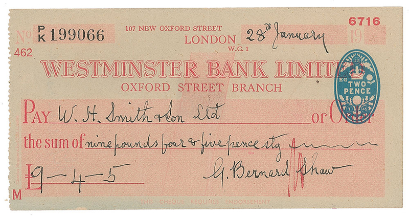 Lot 750 George Bernard Shaw Check