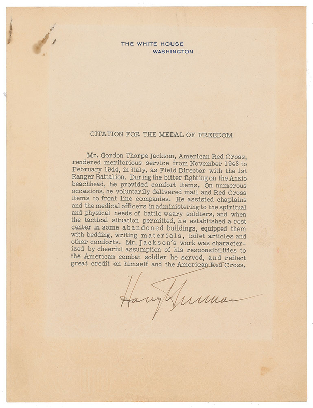 Lot 62 Harry S. Truman: Medal of Freedom citation for the 1st Ranger Battalion's field director, who attended to 