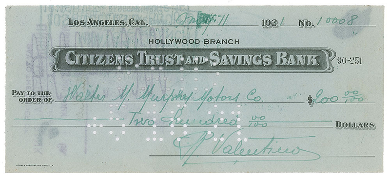 Lot 876 Rudolph Valentino Check