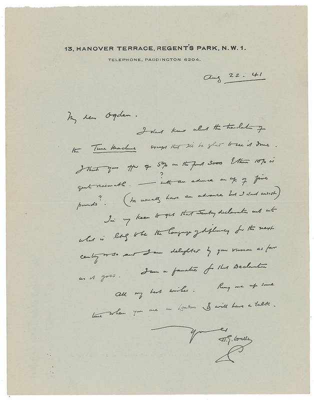 Lot 723 H. G. Wells: Wells on a translation of The Time Machine?