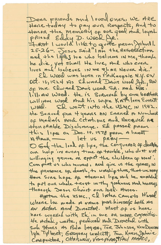Lot 880 Ed Wood: Rare and unique Ed Wood eulogy: “Now in keeping with what I am sure would be Ed’s wishes let us all drink a toast to his memory”