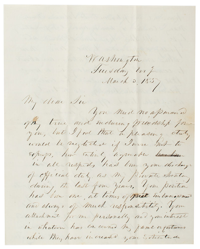 Lot 22 Franklin Pierce: A parting letter from President Pierce to his private secretary