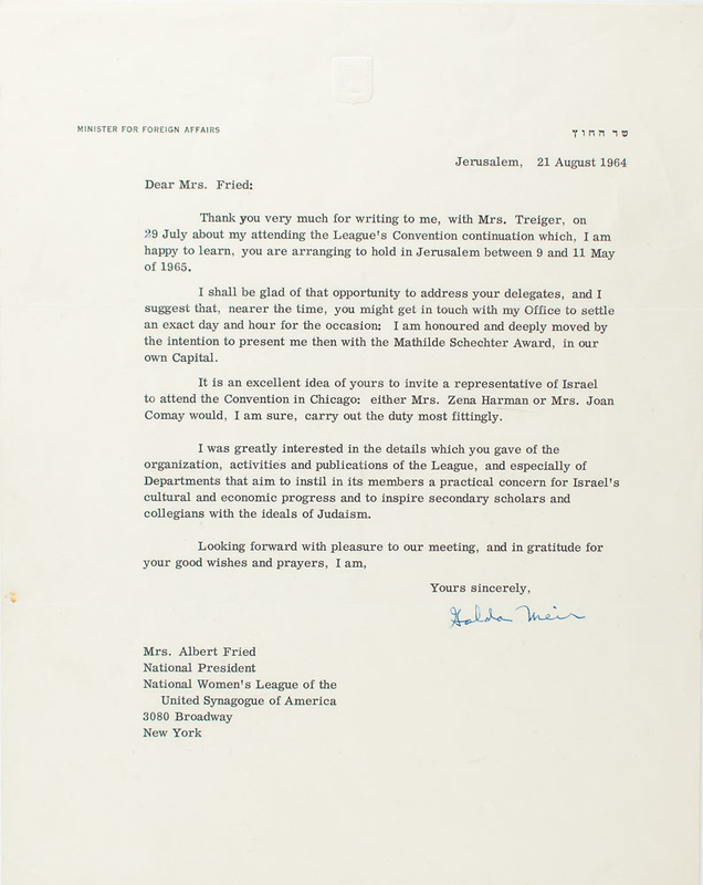 Lot 289 Golda Meir: Meir accepts the Mathilde Schechter Award