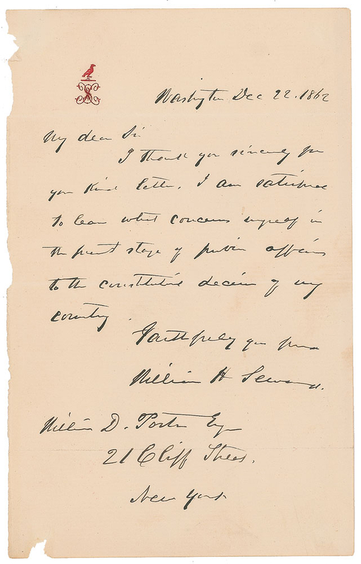 Lot 423 William H. Seward Handwritten Letter Signed