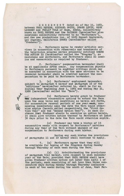 Lot 835 Paul Revere and the Raiders Signed Document