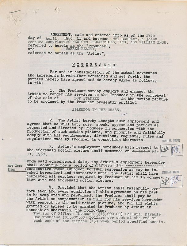 Lot 892 Warren Beatty and Elia Kazan: Contract for Beatty's debut role in Splendor in the Grass—initialed a whopping 15 times by the Hollywood newcomer