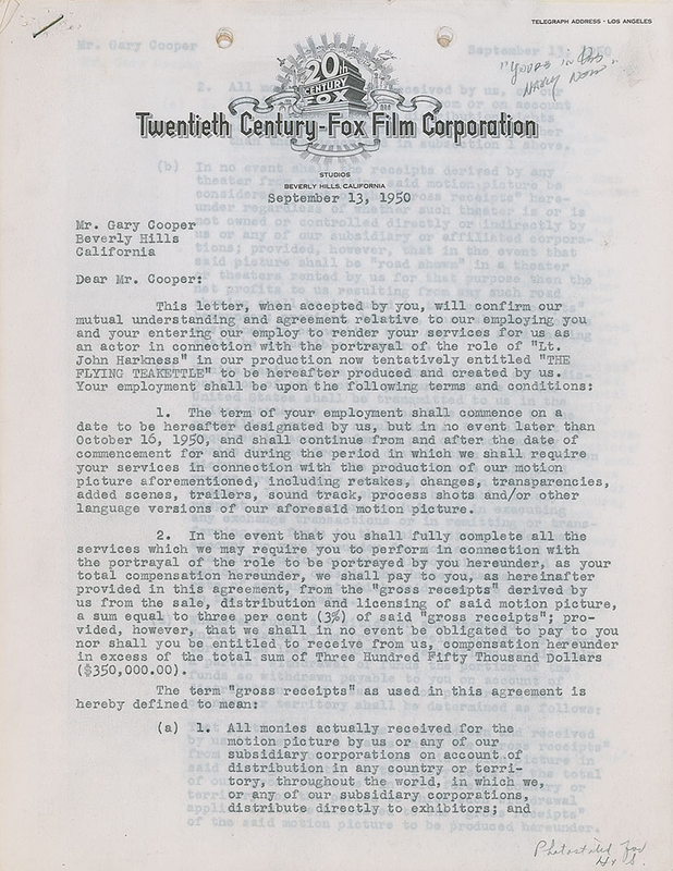 Lot 901 Gary Cooper: Cooper's contract for You're in the Navy Now