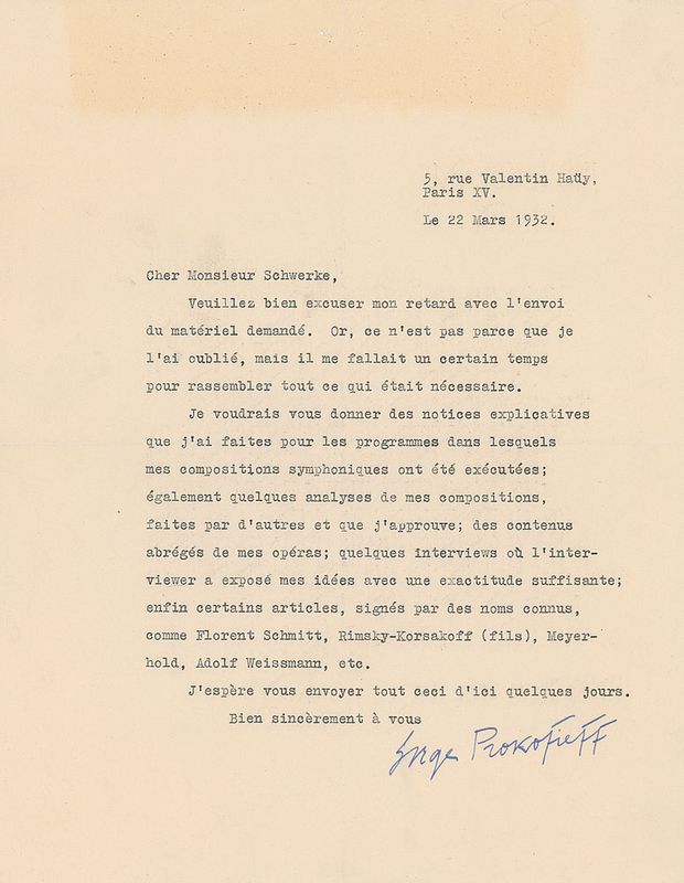 Lot 759 Sergei Prokofiev Typed Letter Signed