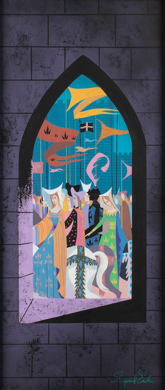 Lot 668 Eyvind Earle concept painting of Castle Parade  from Sleeping Beauty: A cause for celebration?masterful concept painting for Sleeping Beauty