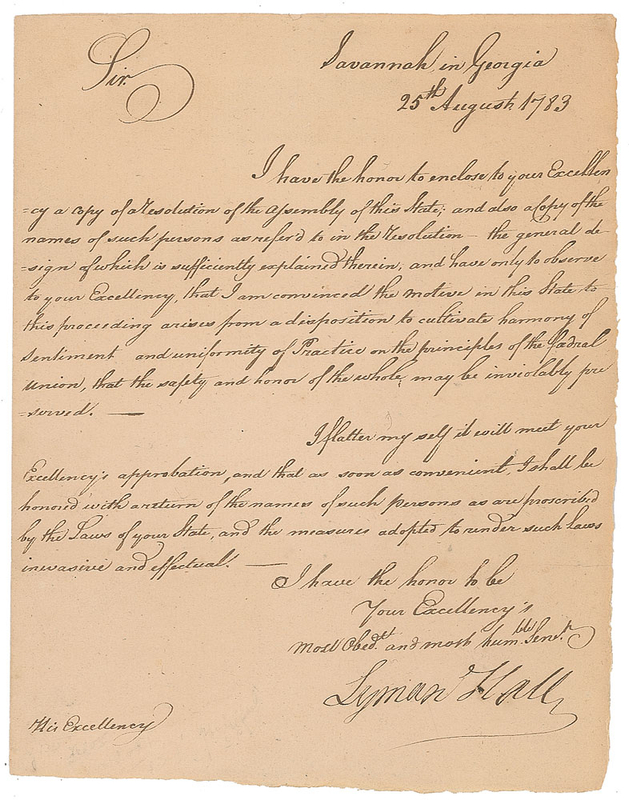 Lot 251 Lyman Hall: As governor of Georgia, Lyman Hall aims to 