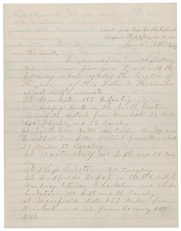 Lot 494 Thomas J. ‘Stonewall’ Jackson: 'Stonewall' outlines troop strengths to his commanding officer amidst 1862's Romney Expedition