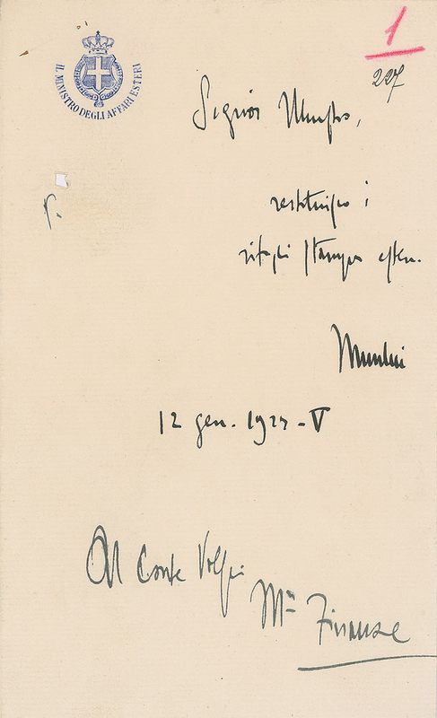 Lot 290 Benito Mussolini Signed Note