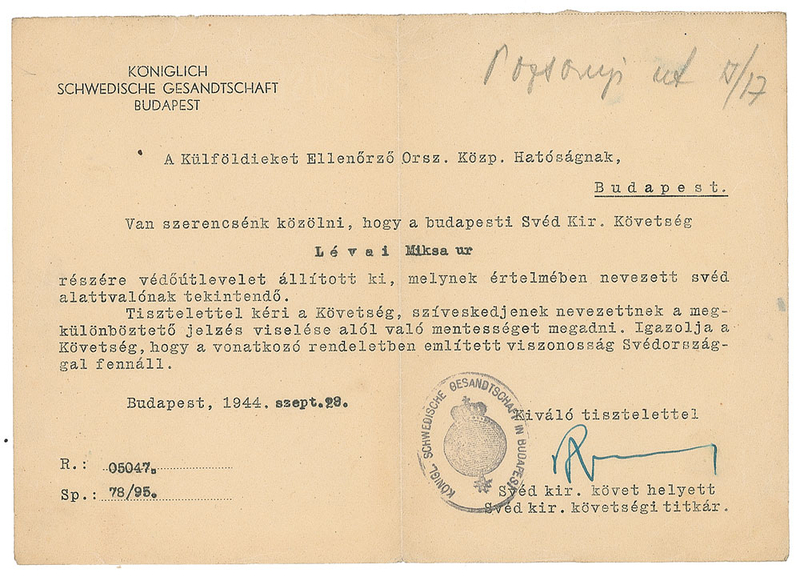 Lot 263 Raoul Wallenberg: Schutz-Pass associated document with a neat Wallenberg signature