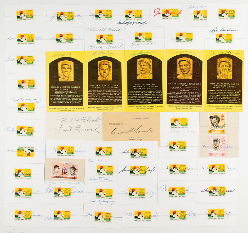 Lot 189 Baseball: Fifty autographs of baseball legends, highlighted by Joe DiMaggio, Sandy Koufax, and Kenesaw Mountain Landis