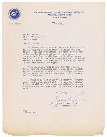 Lot #596 James Lovell Signed Photograph and Typed Letter Signed - Image 2