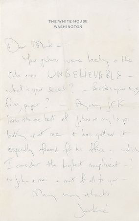 Lot #67 Jacqueline Kennedy: Sincere thanks to family photographer Mark Shaw: 