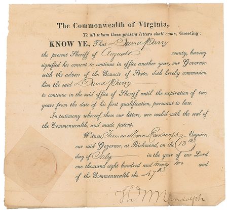 Lot #412 Thomas Mann Randolph, Jr Signed Document - Image 1