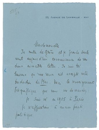 Lot #722 Jean-Paul Sartre Handwritten Letter Signed - Image 1