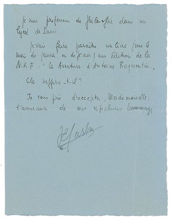 Lot #722 Jean-Paul Sartre Handwritten Letter Signed - Image 2