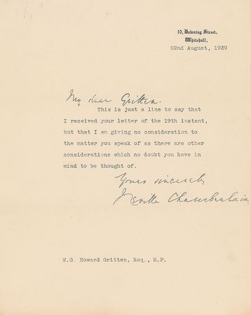 Lot #331 Neville Chamberlain: Britain's prime minister seeks to delay an election 