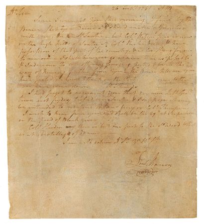 Lot #486 Francis Marion: The 'Swamp Fox' writes from the battlefield to Gen. Sumter, relating his guerilla tactics: facing an enemy 