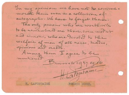 Lot #380 Henri La Fontaine Handwritten Letter Signed - Image 2