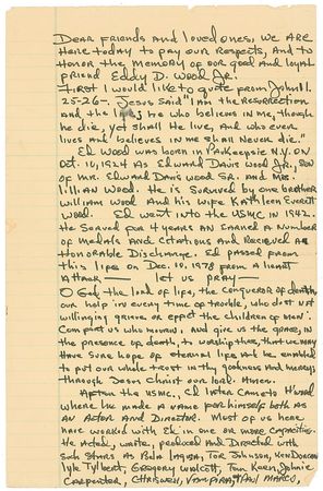 Lot #880 Ed Wood: Rare and unique Ed Wood eulogy: “Now in keeping with what I am sure would be Ed’s wishes let us all drink a toast to his memory” - Image 1