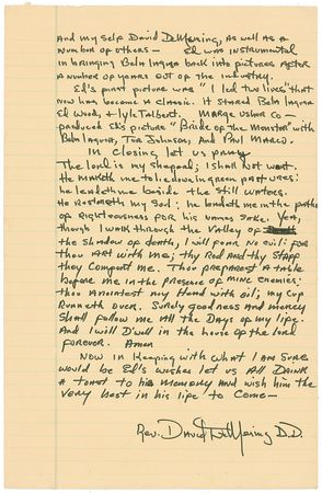 Lot #880 Ed Wood: Rare and unique Ed Wood eulogy: “Now in keeping with what I am sure would be Ed’s wishes let us all drink a toast to his memory” - Image 2