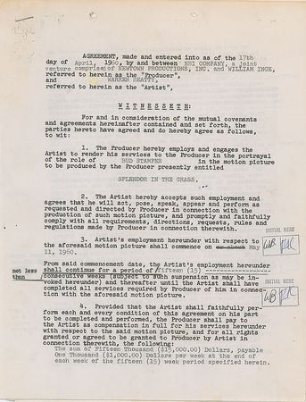Lot #892 Warren Beatty and Elia Kazan: Contract for Beatty's debut role in Splendor in the Grass—initialed a whopping 15 times by the Hollywood newcomer - Image 1