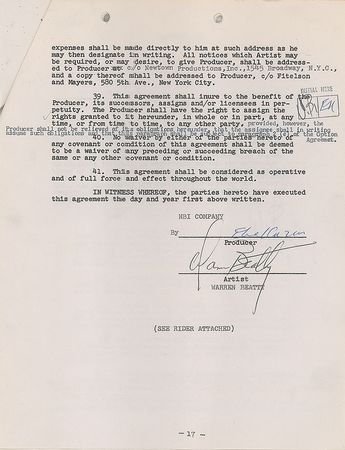 Lot #892 Warren Beatty and Elia Kazan: Contract for Beatty's debut role in Splendor in the Grass—initialed a whopping 15 times by the Hollywood newcomer - Image 5