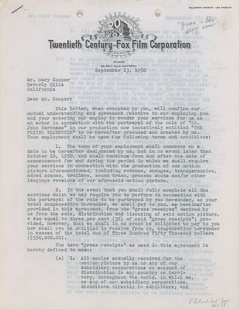 Lot #901 Gary Cooper: Cooper's contract for You're in the Navy Now - Image 1