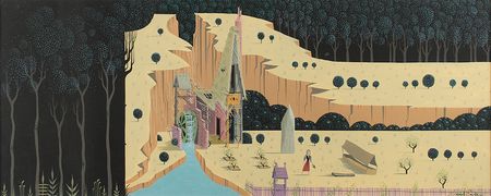 Lot #666 Evind Earle concept painting of Briar Rose and Woodcutter's Cottage from Sleeping Beauty: A princess hideaway?striking Sleeping Beauty concept painting by Eyvind Earle - Image 1
