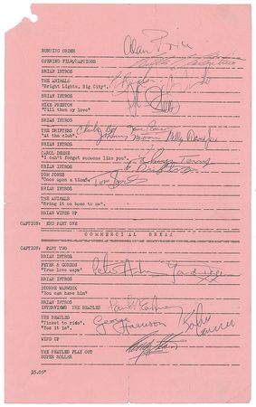 Lot #9002  Beatles Signed Call Sheet