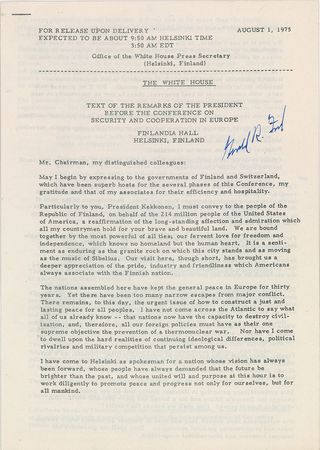 Lot #95 Gerald Ford: Ford’s notable attempt to reduce Cold War tensions - Image 1