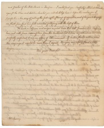 Lot #9 John Quincy Adams: Remarkable 1799 letter from John Quincy relaying his thoughts on the Marquis de Lafayette?