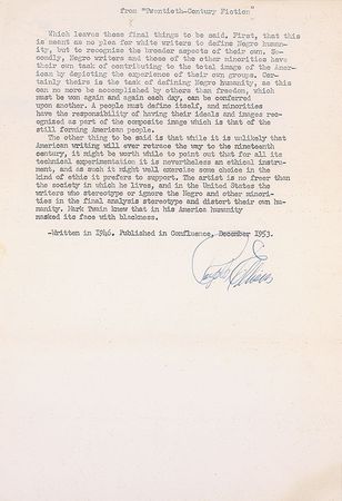 Lot #583 Ralph Ellison: “Mark Twain knew that in his America humanity masked its face with blackness” - Image 1