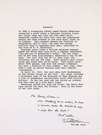 Lot #332 Titanic: Walter Lord Souvenir Typescript - Image 2
