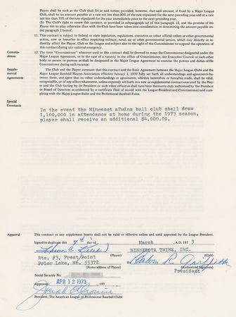 Lot #1076 Harmon Killebrew Signed Contract - Image 1