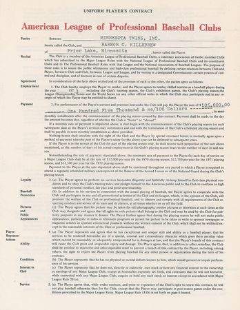 Lot #1076 Harmon Killebrew Signed Contract - Image 2