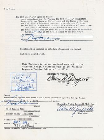 Lot #1063 Rod Carew Signed Contract - Image 1