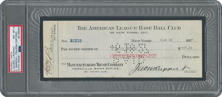 Lot #1073 Lou Gehrig Signed 1927 NY Yankees Payroll Check - PSA/DNA NM-MT 8: Gehrig's June payroll check from the historic 1927 'Murderer's Row' season - Image 1