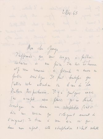 Lot #540 Jean-Paul Sartre: With plans to print in the Soviet Union, Sartre seeks to avoid edits like those made to his 'The Respectful Prostitute' - Image 2