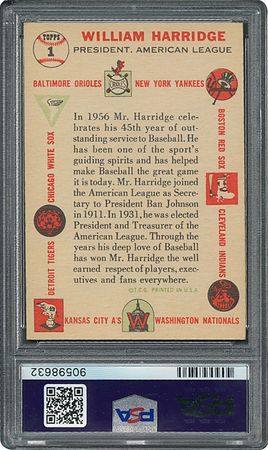 Lot #6001  1956 Topps #1 William Harridge - PSA MINT 9 - None Higher! - Image 2