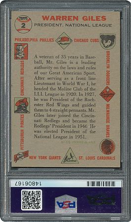 Lot #6002  1956 Topps #2 Warren Giles - PSA MINT 9 - one Higher! - Image 2